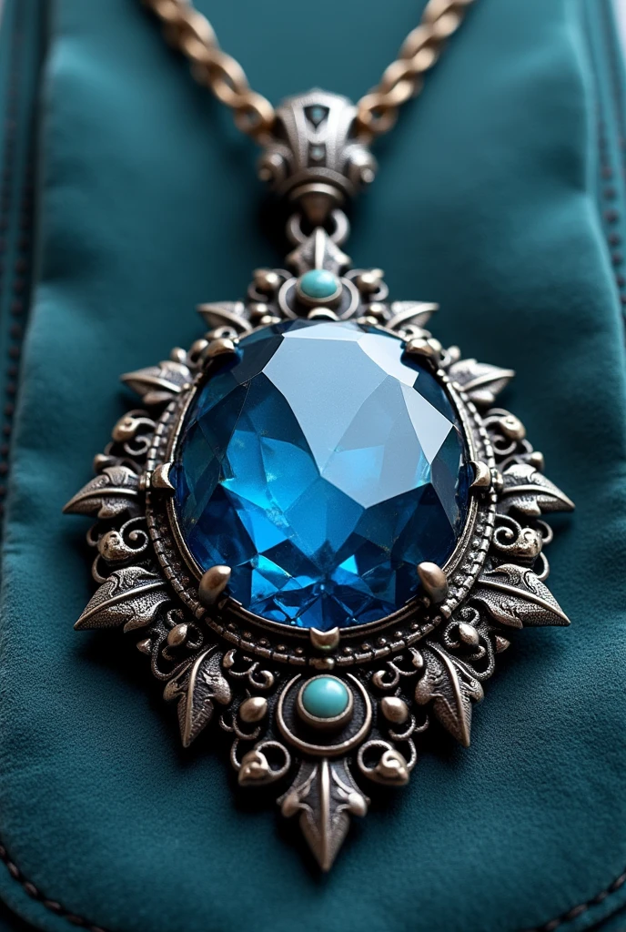 Generate an image of huge pendant with blue stone embedded in it it haa water symbol on it and it is more fancier fantasy and ancient looking