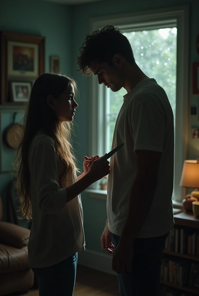Girl crying wants to die, she holding a knife, aiming on her chest, in front of her boyfriend