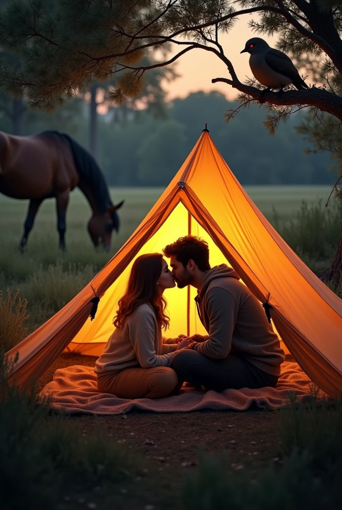 (photorealism:1.2), beautifully camping scenery rich in nature 1 human couple in tent with lights on and kissing shadows showing on tent from outside.1 horse in background and 1 female bird nesting on eggs in background tree.1 wild alpha beast is watching them with his red eye