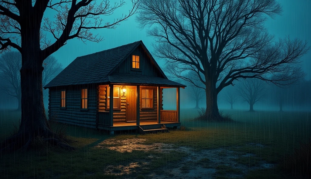 Rural cabin house with a menacing night atmosphere illuminated by lantern lights, dark and rainy atmosphere with many trees. Realistic image