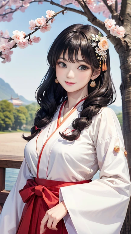 ( High resolution、masterpiece、Highest quality、High resolution、8k、 Super detailed)、 Young beautiful woman、Beautiful Face、Beautiful Face、Pretty lips、Ample breasts、Tea-black Maruge Hairstyle、Smiling Eyes、Hanfu、Cowboy Shot、background、Fantasy World、Immortal Realm、The palace residence、white button flowers、Peach Tree、Detailed CG、
