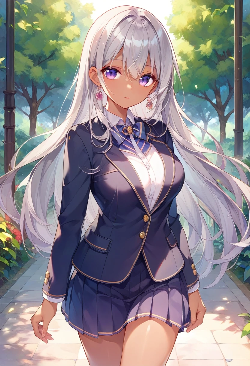 Bright feeling、Grey Hair、long、Purple Eyes、Dark skin、Breast size is medium、Beautiful eyes、Walking in the park、A kind smile、Beautiful eyelashes、beautiful girl、Wearing a blazer、A beautiful high school girl that everyone turns to look at.