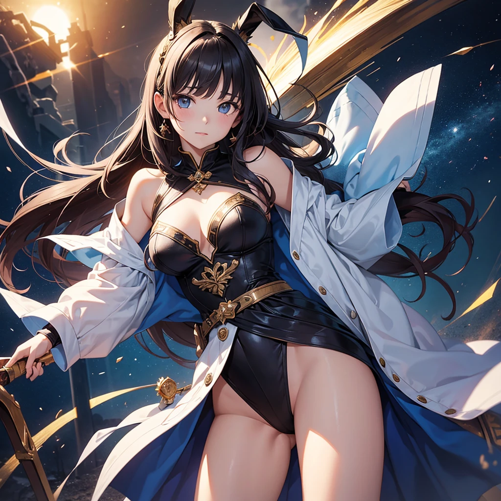 (Cowboy Shot,A composition that shows the whole body,1人のwoman),剣と緑の指輪を持った金色の衣装を着たwoman, Portrait of a girl in the Knights of the Zodiac, ayaka original god impact,woman