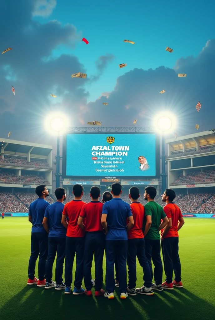 Make a picture of a cricket ground in which 11 players are looking at the big screen of the ground and on the top of the screen is written Afzal Town Champion and 2nd big screen written bold big size players name in the number wise Istikhar, Hamza, Irshad, Asadullah, Muzamil, Rana Sanu Adeel, Zain ali, Samiullah, Malik Waseem, Rana Adeel Hafiz, Mohsin Raza, Shahroz, Waqas, wasif, Akash, Gulzar Ahmad.