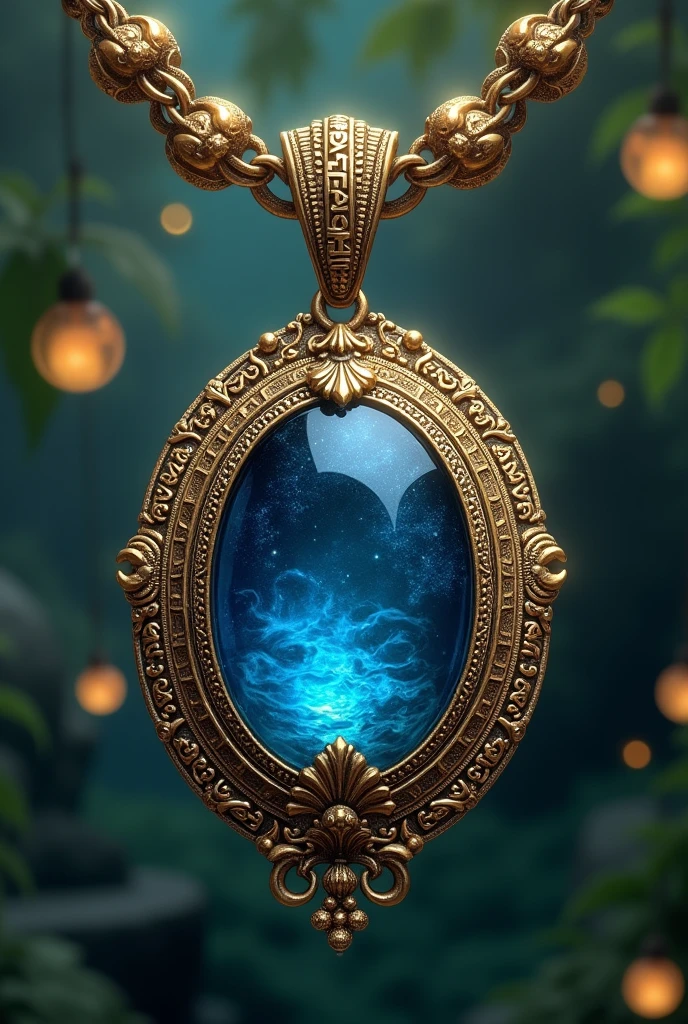 Generate an image of fancier, fantasy and ancient time of pendant with chain having big blue stone with water symbol on it