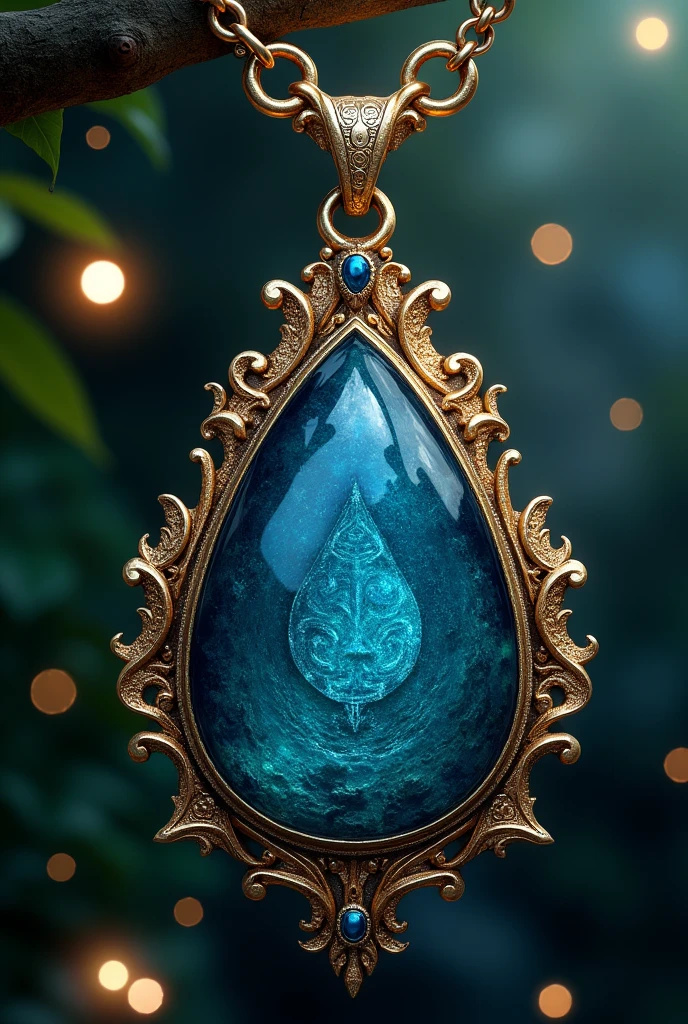 Generate an image of fancier, fantasy and ancient time of pendant with chain having big blue stone with water symbol on it