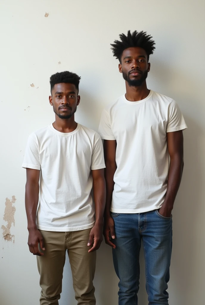 A before and after picture of a 25 years old brown skinned man standing in-front of white wall that have small stains, who increased his height by 20 centimeters, wearing a t-shirt, make it realistic