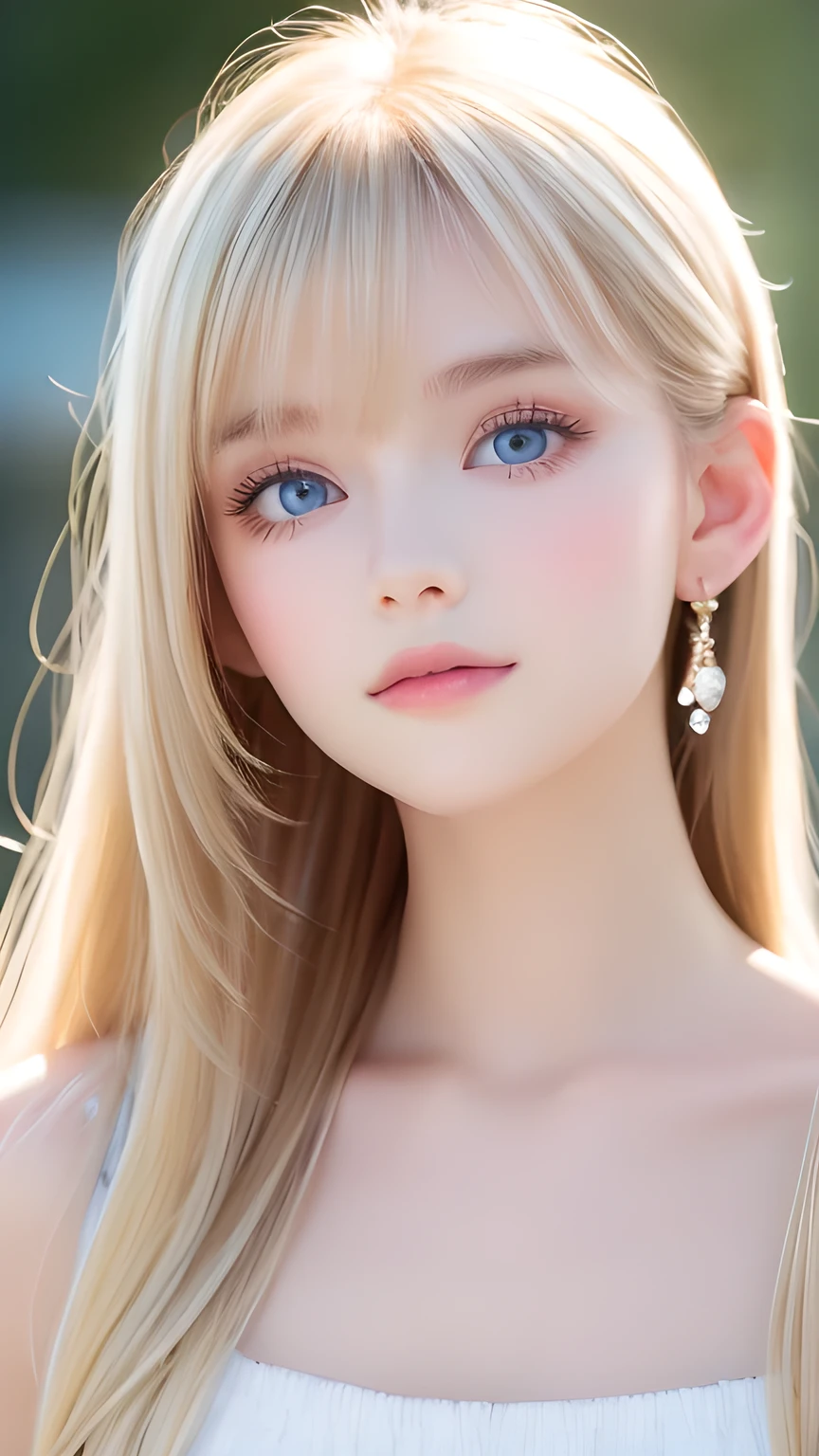 Incredibly bright, white, glossy, beautiful skin、Blonde hair color that changes with reflected light、Bangs between the eyes blocking the view、Glossy highlight on cheeks、sexy, very beautiful, lovely, cute, gorgeous face、The most beautiful face in the world、15-year-old beautiful girl、Super long blonde hair、smooth, straight hair、Big Breasts, Large, bright, azure eyes that sparkle、Beautiful eyeliner、Beautiful bangs、Small Face Beauty、beautiful round face、Very beautiful appearance、Very pure white girl、Cheek highlighter