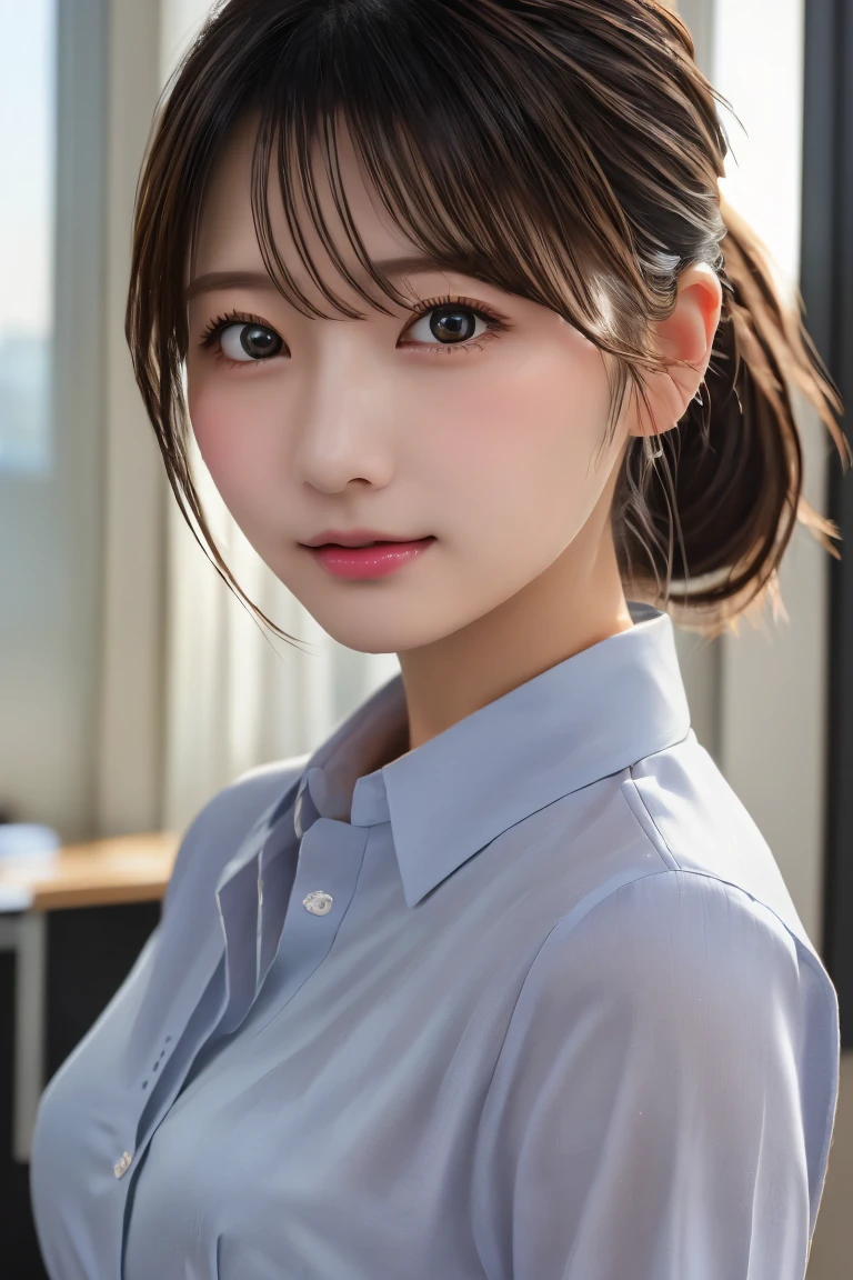 Highest quality, (beautiful)、beautiful女性、Precision Eyes、Brown Hair、Brown eyes、Looking into the camera、Soft Breasts、ponytail、office、Business shirts、