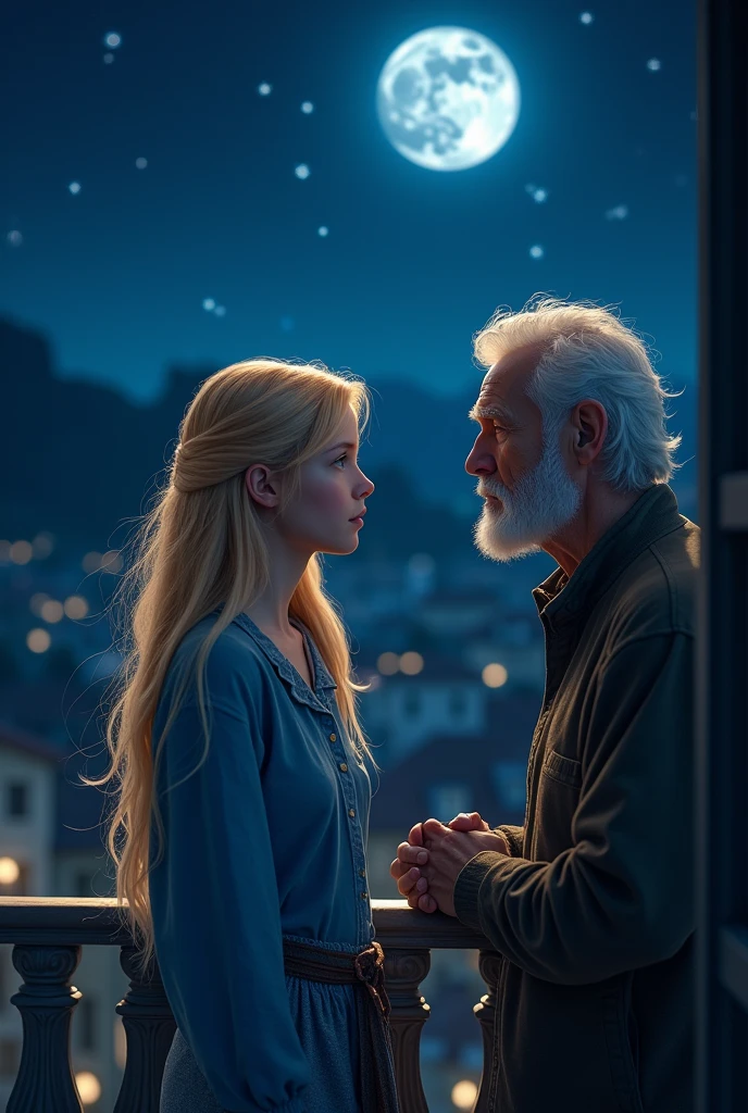 ((best quality)), ((masterpiece)), (detailed), 1 blonde girl with long hair on a balcony, it is night, only the upper part of her body is visible, ((blue shirt)), she looks to her right, there is an old man next to her