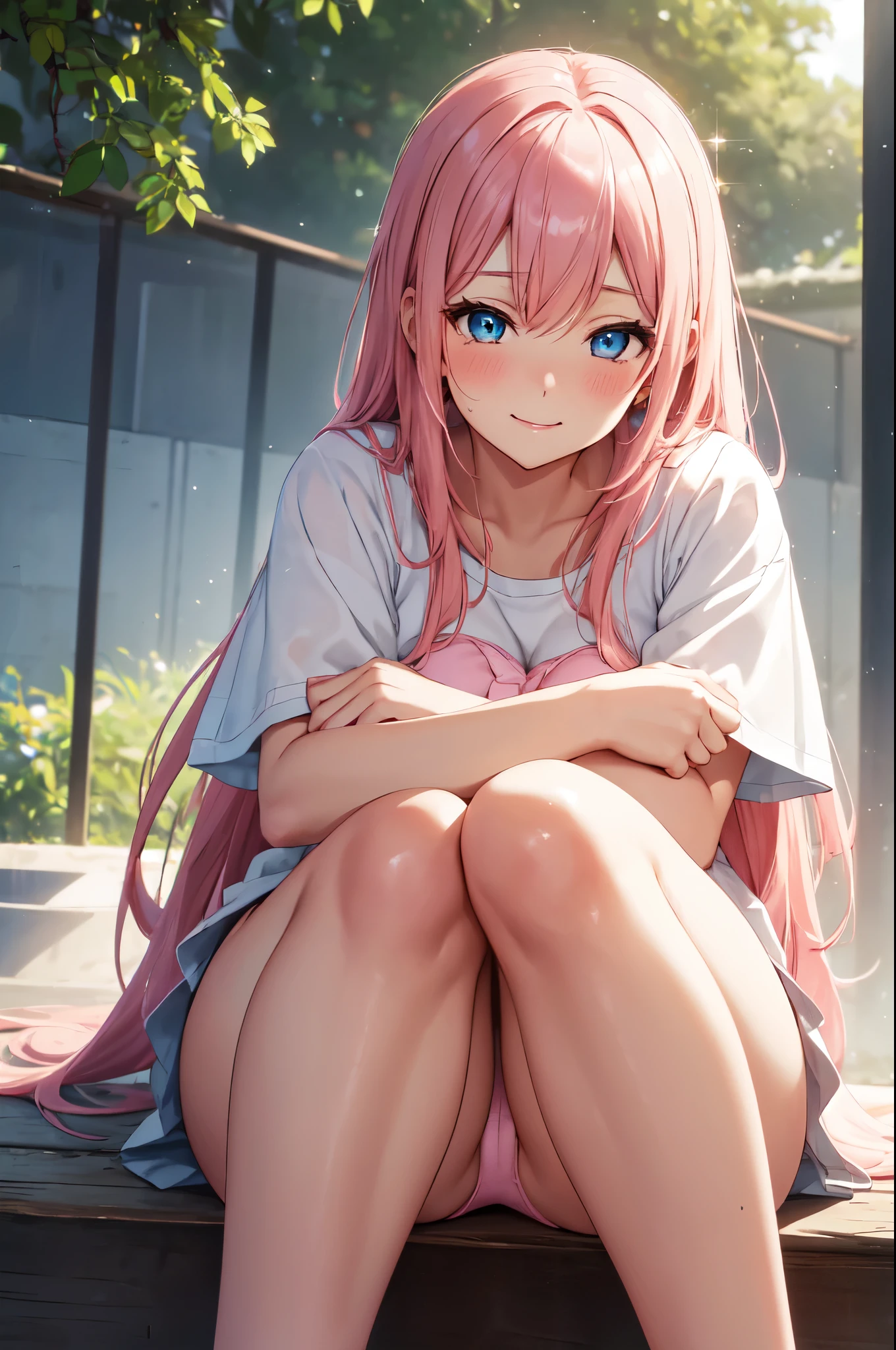 (High quality, High resolution, Fine details), Girly Fashion, (sitting), (Hugging knees), (Panty shot), solo, curvy adult women, pink hair, sparkling eyes, (Detailed eyes:1.2), smile, blush, Sweat, Oily skin, Soft tones, shallow depth of field
