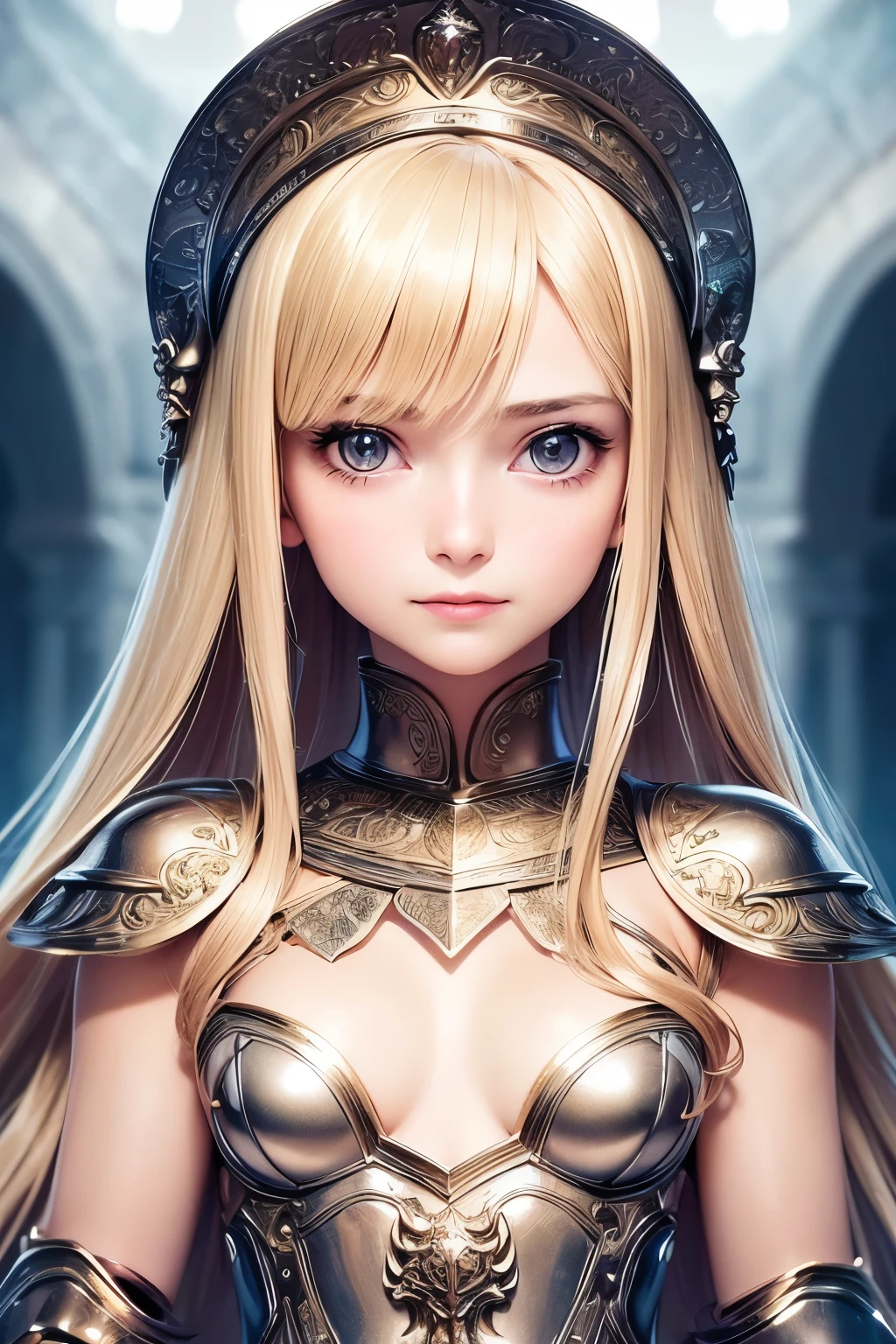 masterpiece,Highest quality,Very detailed,Photorealistic,Pretty Girl Rider,Beautiful blonde,Silver metallic armor with intricate decorations,Soft lighting, girl,Perfect Face,Beautiful and detailed eyes,Big bright eyes,Beautiful Skin,skinny,Small breasts,Dynamic,Dynamic Angles,Outside the massive stone fortress