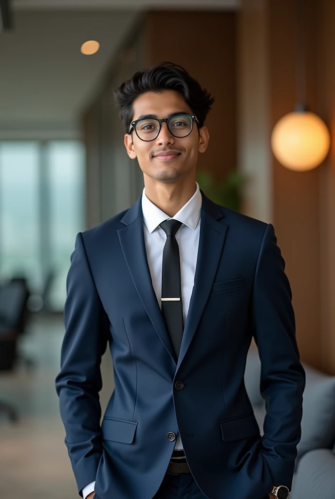 21 year old indian boy With fair skin Wearing spectacles and narrow body Posing for a linkedin picture in formals