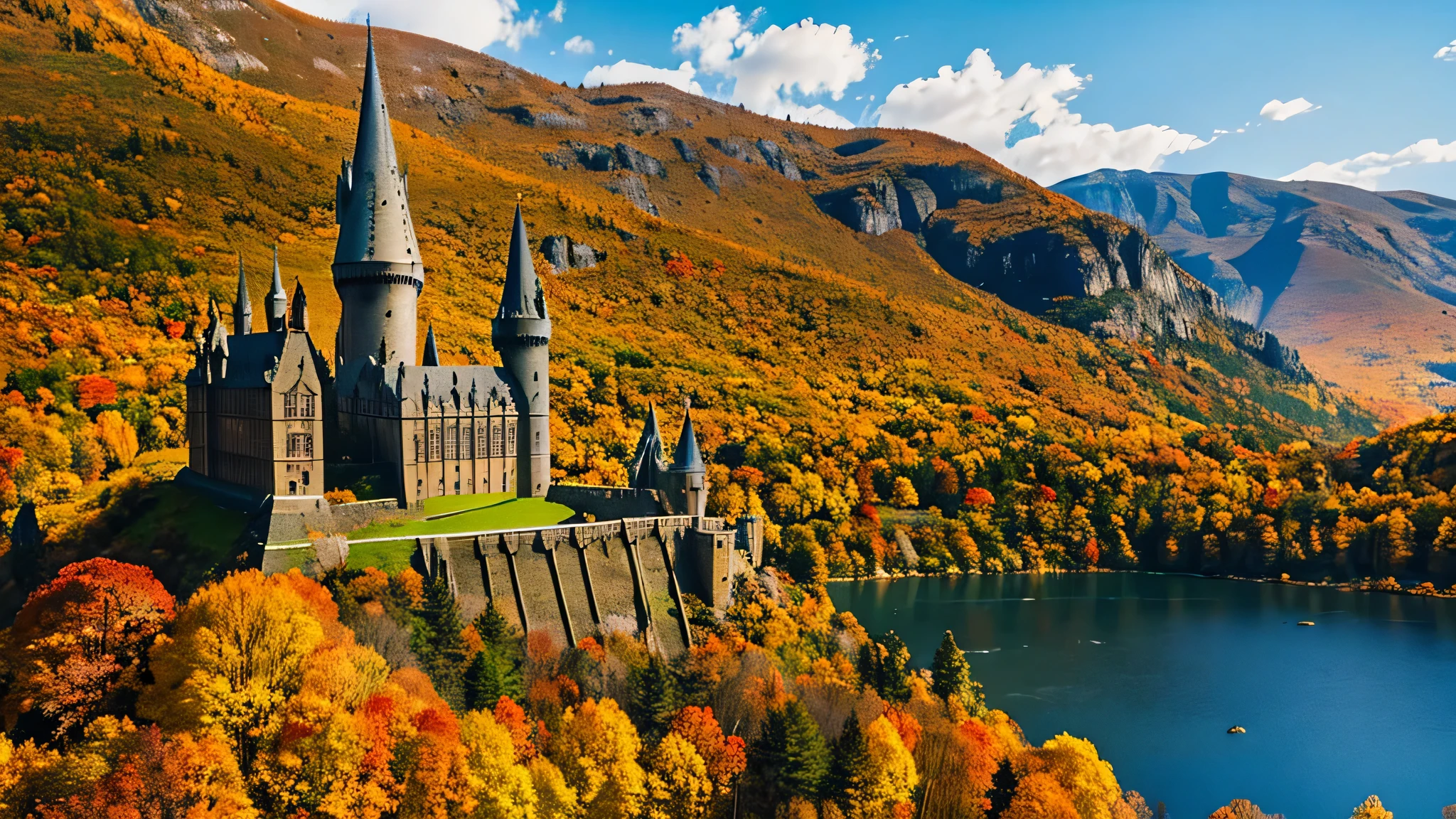 Hogwarts Castle,autumn,Clear sky,Fallen leaves,Autumnal foliage of the mountain,lake,Harry potter,hogwarts legacy,Harry potterファンアート,High reproducibility,beautiful,Fantasy