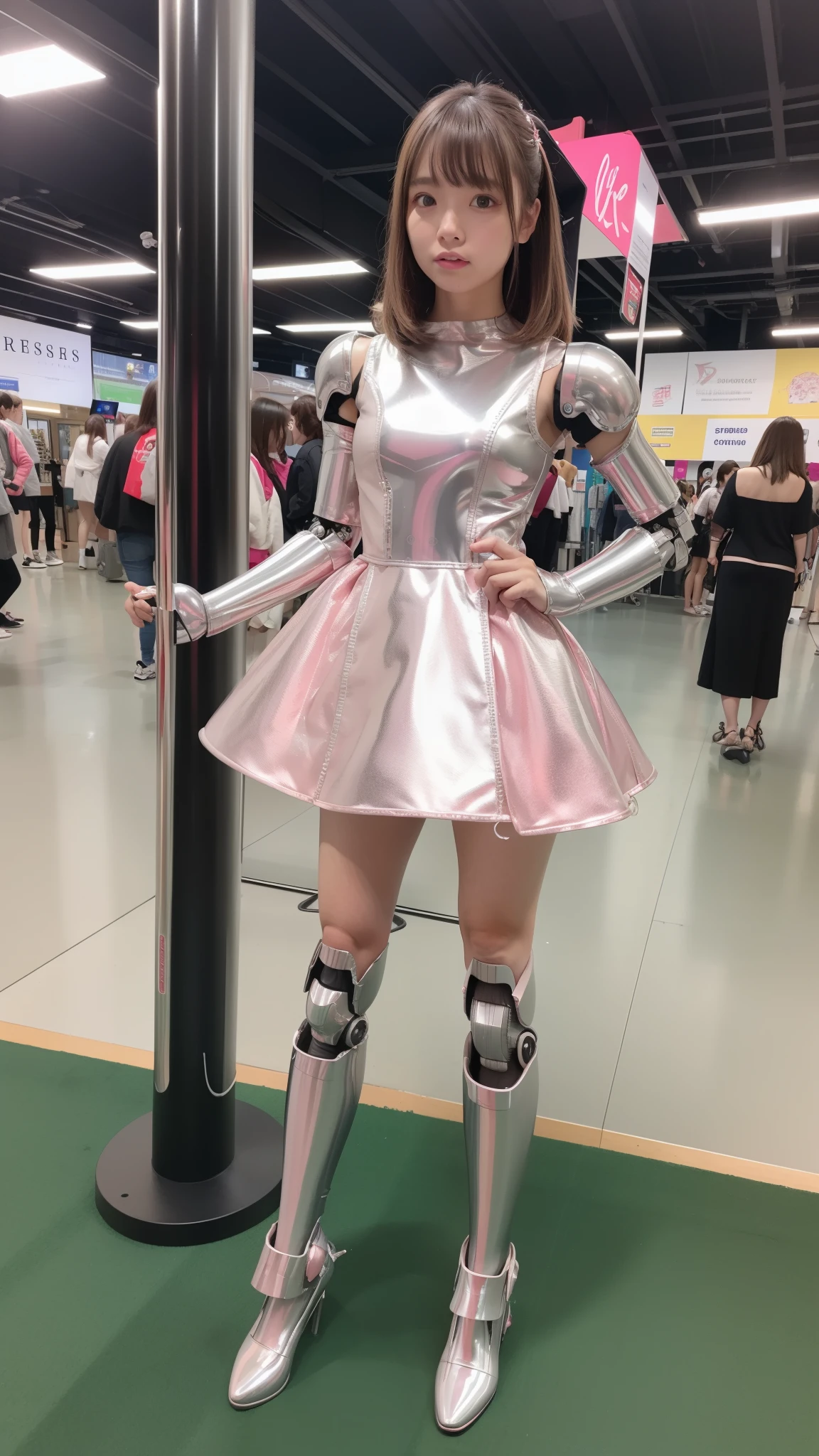 Robot Girl, pink, Silver, Metallic body, Robot Parts, Metal Parts, Super Detailed Face, Super well-formed face, of the highest quality, a small face, a small head, Brown hair, Slender body, Camera gaze, Internal Mechanical Exposure, Idol, front facing, Well-proportioned body, sale, Exhibited, Event Hall, Moe Pose, pink metallic Princess dress machine armor, Standing with legs open, Model body type, sad, Embarrassing,(Perfect Robot Girl),(Perfect machine body)