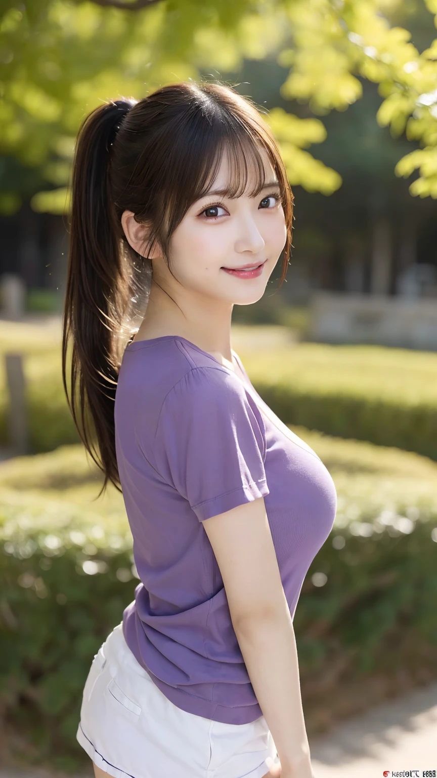 Ultra-realistic), (An illustration), (High resolution), (8k), (Very detailed), (最高のAn illustration),(Raw photo, Best Quality), (Realism, Photorealistic:1.4), Mastepiece, Very delicate and beautiful, Extremely detailed, 2k wallpaper, amazing, Fine details, Very detailedなCGユニティ8kの壁紙, Super detailed, High resolution, Beautiful detailed girl, Very detailedな目と顔, Beautiful detailed nose, Beautiful detailed eyes,Cinematic Lighting,Perfect Anatomy,Perfect promotion,(A shy smile, Beautiful Face), ((Perfect Legs, Perfect legs, Perfect hands, Perfect hands指, Perfect Arms, A shy smile, The mouth is perfect)), Looking straight at the camera, Bangs and ear bangs、necklace、 (((Cute Japanese girl wearing white shorts)))、 (((Beautiful 20 year old Japanese girl wearing purple t-shirt))), (((H cup big breasts)))、(((Bursting Busty!!!!!!!!!))) (((Huge boobs!!!!)))、((Huge breasts))、(((Attractive big breasts!!!!!!))), ((((Full body writing)))), ((((Ponytail Hair)))), ((Solo Photo)), ((Black Hair)), ((((Beautiful smile)))), (Slender body), ((Standing in a seductive pose in the park)), ((Emphasis on cleavage)), ((big breasts))
