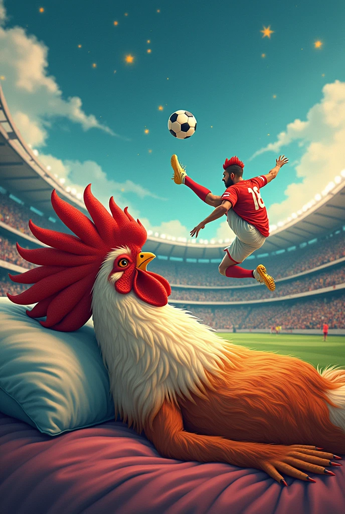 A player with a rooster face sleeping and dreaming that he is a soccer player scoring a bicycle kick.