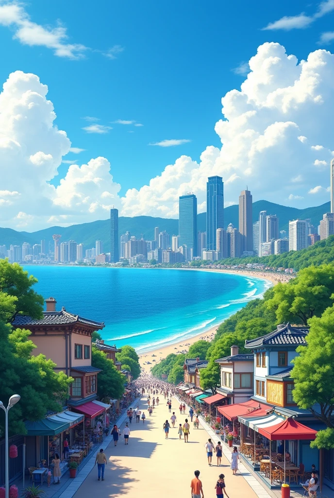 Draw an image of Busan with the sea visible. Make sure there are white clouds in the sky.