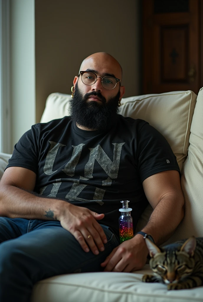 strong man, offwhite, bald with a short black beard and glasses. Golden hoop earrings and a black rock band t-shirt. Sitting on a couch watching TV with a marijuana bong on the coffee table. On the couch should be a black and yellow scaly cat sleeping