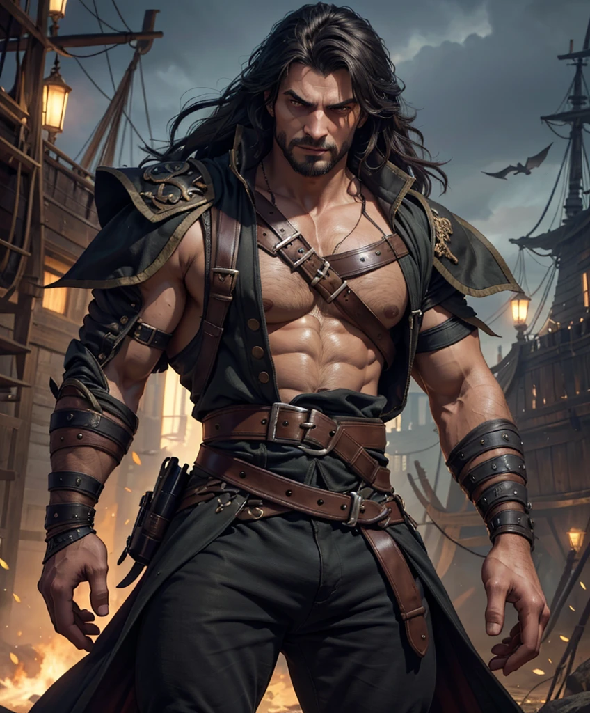 (((Single character image.))) (((Solo focus.))) score_9, score_8_up, score_7_up,Human male warrior with long black hair, dark pirate-swashbuckler fashion and a sinister appearance like that of a villain. Dark complexion. Attractive male features. Focus on upper body, face and hair He is well-dressed, very attractive and alluring, wearing expensive fine fantasy clothes. He prefers dark colors. Sinister charm and charisma. Very fit and muscular. He has a look that inspires devotion. Background is an eerie port town with pirate ships. hyper detailed, gothic art, trending on artstation,intricate details, ultra detailed,, ultra detailed clothes, epic masterpiece, ultra detailed, intricate details, award winning, fantasy art concept masterpiece, trending on Artstation, digital art, unreal engine, 8k, ultra HD, centered image A sense of despair is sensed in the image., best quality:1.0,hyperealistic:1.0,photorealistic:1.0,madly detailed CG unity 8k wallpaper:1.0,masterpiece:1.3,madly detailed photo:1.2, hyper-realistic lifelike texture:1.4, picture-perfect:1.0,8k, HQ,best quality:1.0,
