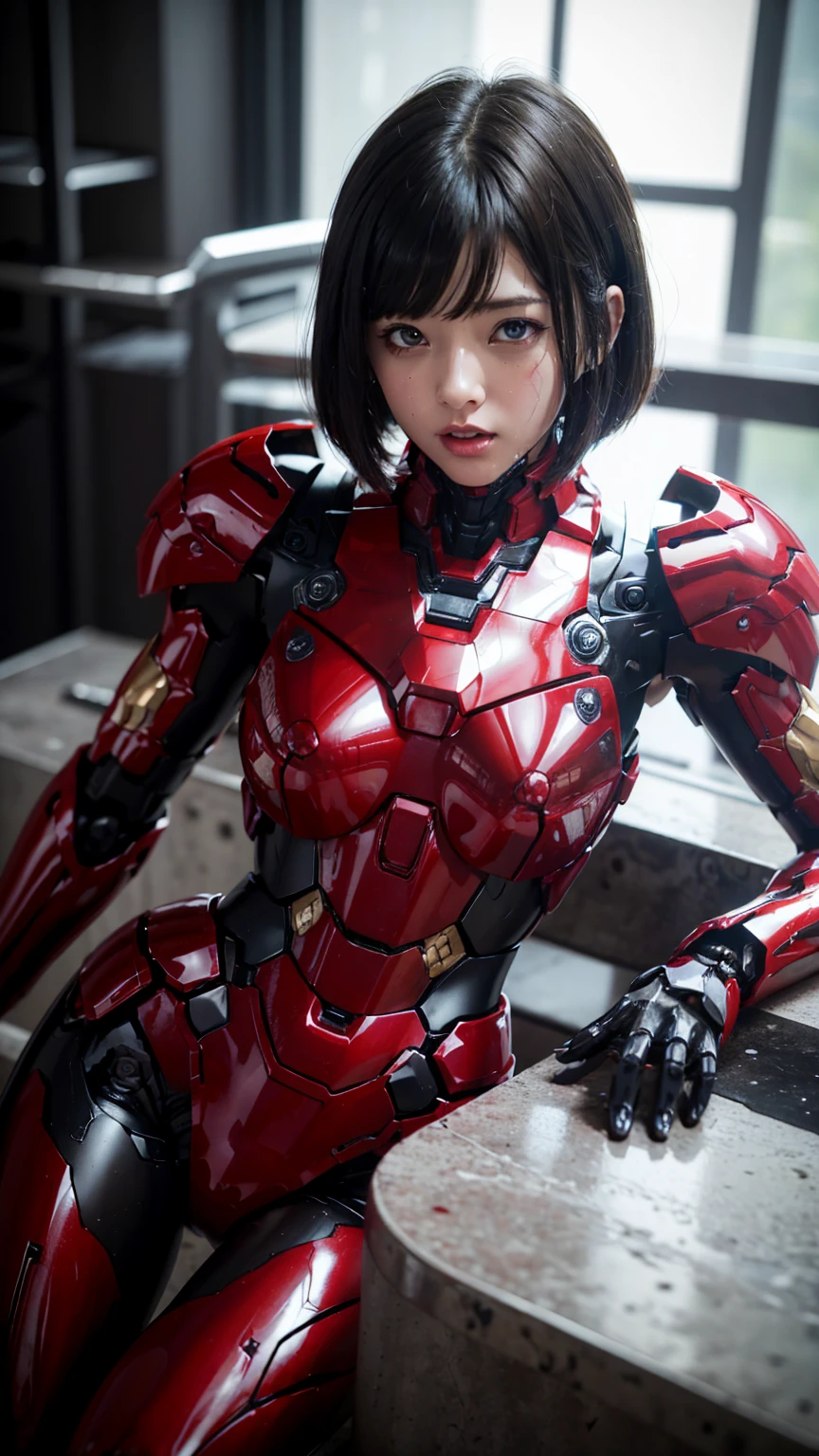 Female Iron Man(Red and Black)、shine、Shortcuts、Textured skin, Super Detail, Attention to detail, high quality, 最high quality, High resolution, 1080P, hard disk, beautiful,(Gundam),beautifulサイボーグ女性,Mecha Cyborg Girl,BATTLE MODE,Girl with a mechanical body,She wears a futuristic Gundam mecha,Full Body Shot、、Expression of bitterness、Sweaty face、、Please open your mouth as wide as possible、Full Face Mask、humid、Soaking wet、Configuration、Steam coming out of the head、Spread your legs、The genitals are visible、Open your mouth、　(Boyish short hair)Black Hair　Steam coming out of the body