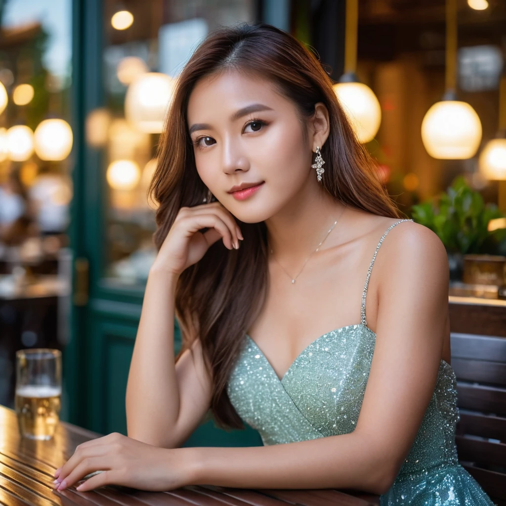 Yui, photo of young woman, highlight hair, sitting outside restaurant, wearing dress, rim lighting, studio lighting, looking at the camera, dslr, ultra quality, sharp focus, tack sharp, dof, film grain, Fujifilm XT3, crystal clear, 8K UHD, highly detailed glossy eyes, high detailed skin, skin pores