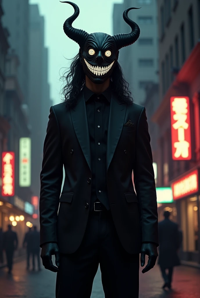 Tall man in an elegant black suit, with a black mask with a big white smile and white cyclone-shaped eyes, Long hair, with a demonic, smiling being on its back in the form of a television static