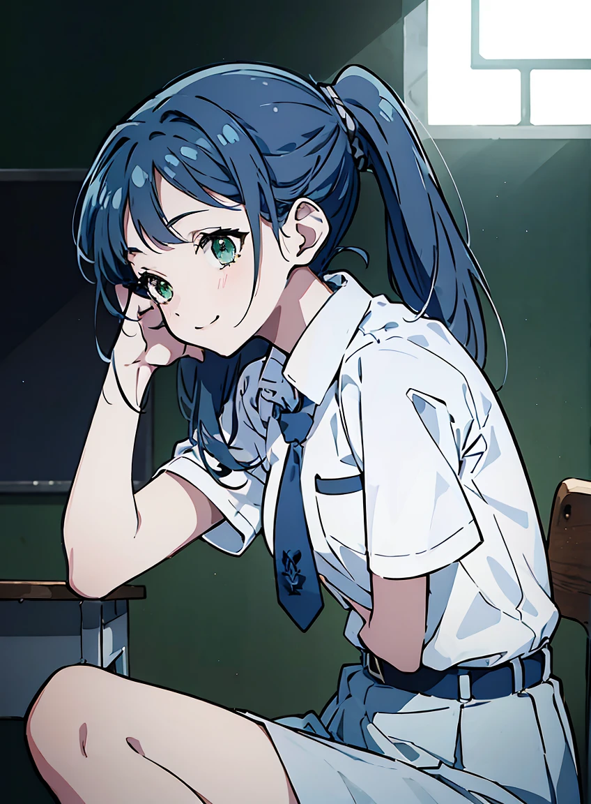 (masterpiece, Best Quality, ultra-detailed, high resolution, extremely detailed CG, official art, Professional Lighting, Perfect Anatomy, anime colors), (1girl), (blue hair), (long hair), (ponytail hair), (green eyes), skinny, medium chest, white dress, happy face, smiling, 3/4 side view, profile view, looking away, the classroom backgrounds, 1girl, cewe-sma, from fitting, white shirt, short sleeve, light-grey tie, gray skirt, belt, Beautiful and dense face, white skin, dynamic pose, cinematic shot,