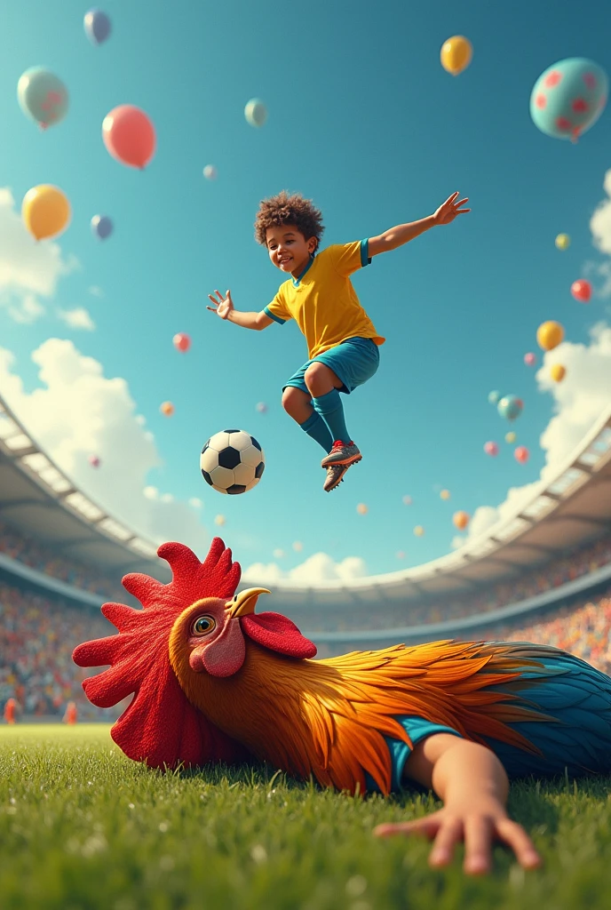 A player with a rooster face sleeping and dreaming that he is a soccer player scoring a bicycle kick.