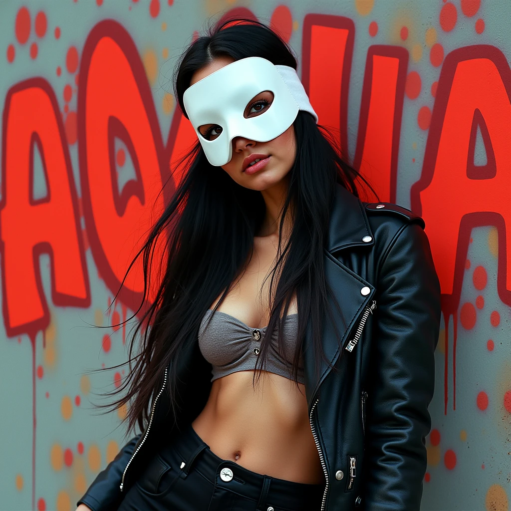 Woman 20 years old, asian, white ski_mask, background with the letters AQUA, sexy outfit, gangster girl, album cover