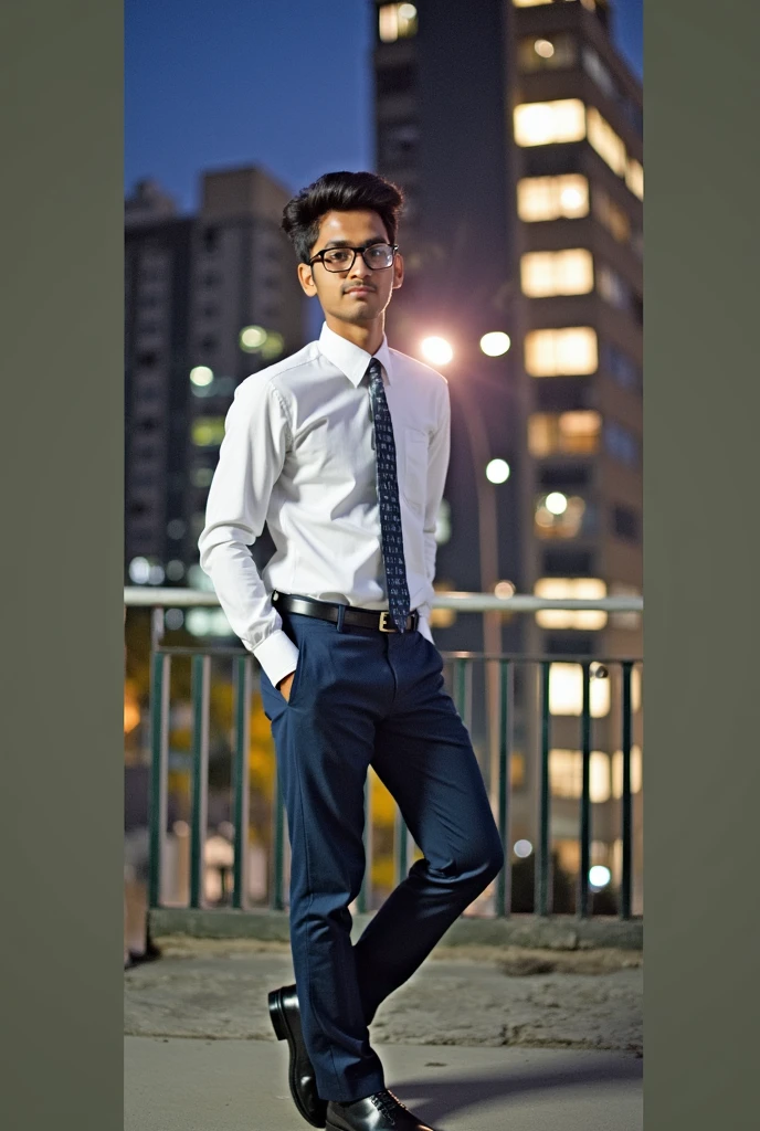 Convert thi image into 22 year old indian boy With fair skin Wearing spectacles and narrow body Posing for a linkedin picture in formals