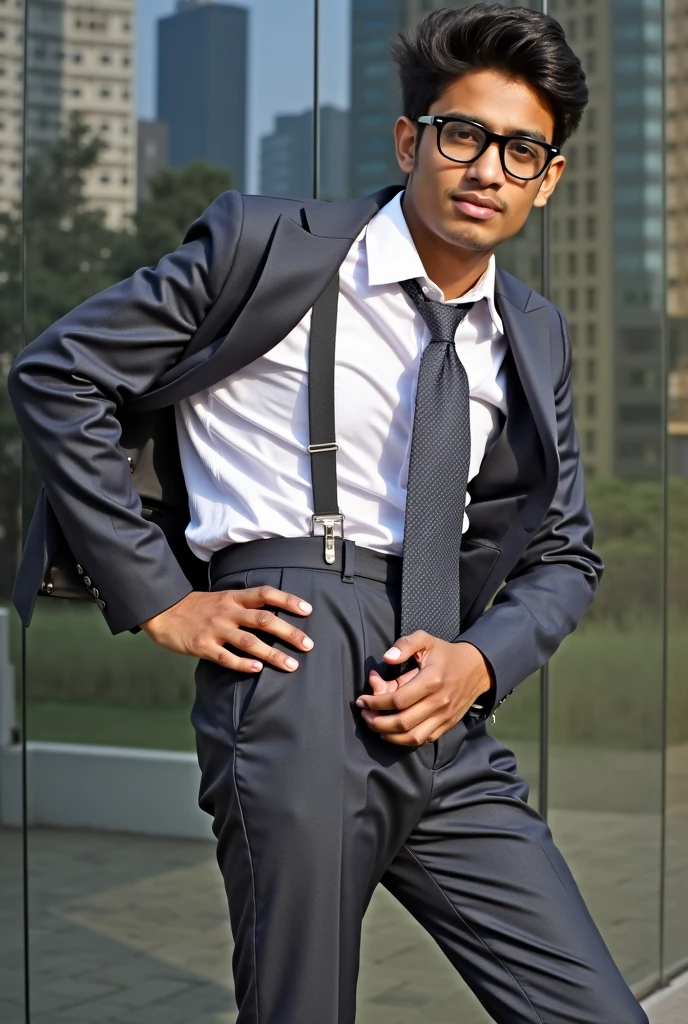 Convert thi image into 22 year old indian boy With fair skin Wearing spectacles and narrow body Posing for a linkedin picture in formals