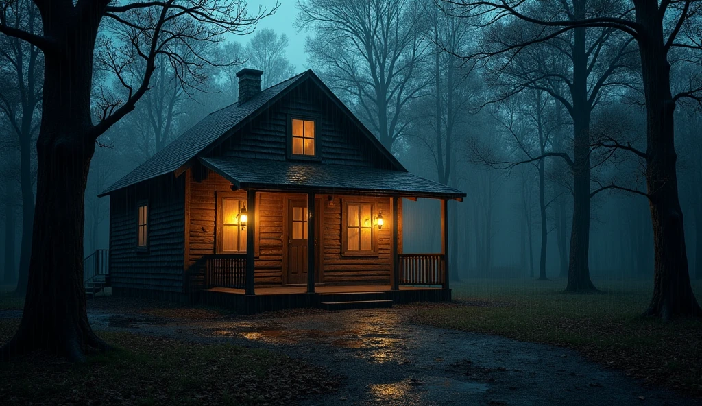 Rural cabin house with a menacing night atmosphere illuminated by lantern lights, dark and rainy atmosphere with many trees. Realistic image