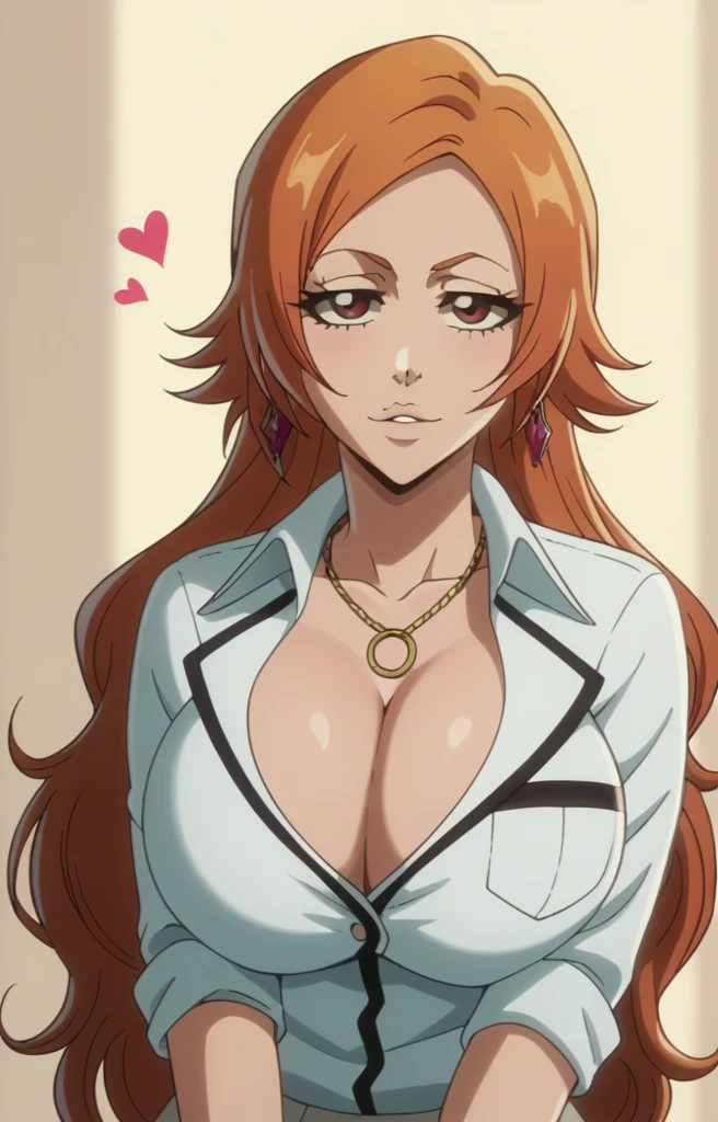 Inoue Orihime,Big breast,white HighSchool uniform with unbuttoned Cleavage,short Grey skirt,lariat necklace,Long pink nail,Hoopa bracelet,Earpiercing,Bleach Anime artstyle,Half eyes open,Stylish Wavy hair,Spouty mouth,Thick lips,view from head to waist,Curvy figure,Big wavy hair,Enchanced breast,tight thights,gaze on viewer,ear visible,bouncy breast,unnatural big breast,crossing arm,short sidehair,Short bang hair,heart shaped Earrings