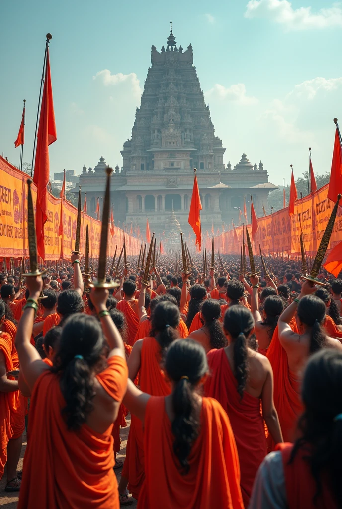 A huge rally of hindu holding sword in hand and written with blood say no to rape wake up and fight