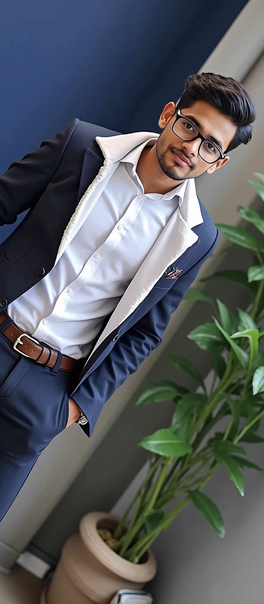 22 year old indian boy With fair skin Wearing spectacles and narrow body Posing for a linkedin picture in formals