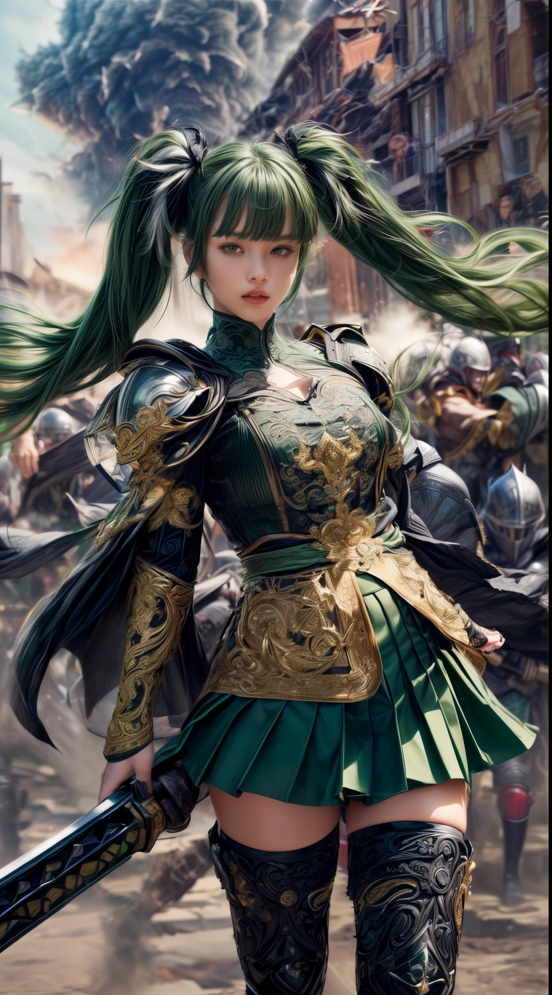 Very beautiful girl、Slender、(((low length)))、(Detailed face)、Realistic Skin、((holy knight)), ((Dark Green Armor))、((((Black armor with very fine and intricate decoration:1.1))))、((Delicate photo))，(Girl Astepeace RAW Photo Details:1.25), (highest quality:1.6), (超A high resolution:1.5), (Realistic:1.75), 8K resolution, Canon EOS R5, 50mm, Absurd, Ultra-detailed,Cinema Lighting,((battlefield))、((battle))、(((Decorative green skirt)))、Thigh-high socks、Shin Guards、((Dark green hair))、((Twin tails))、((Hairstyle with bangs))、Get six-pack、Cape、Beautiful Armor、(((Has a huge weapon)))、(In combat)、The wind is blowing、((Symmetrical Armor))、((((tornado))))、(((Leading a large group of knights:1.2)))、Banner、Lion-themed armor