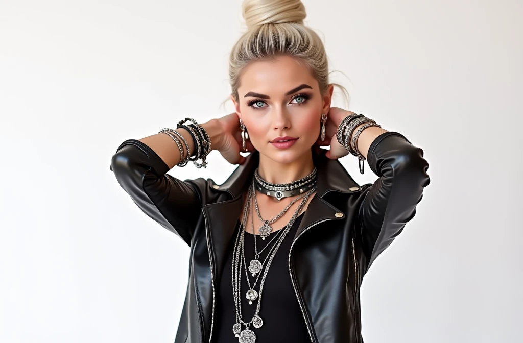 Thin Russian women, thin, platinum hair with top bun, very light grey eyes and big lips. Wears black leather jacket, cropped metal band t-shirt, dark grey skinny jeans and white tennis sneakers. Wide loop earrings. Lots of metal bracelets, pendants, collars and rings