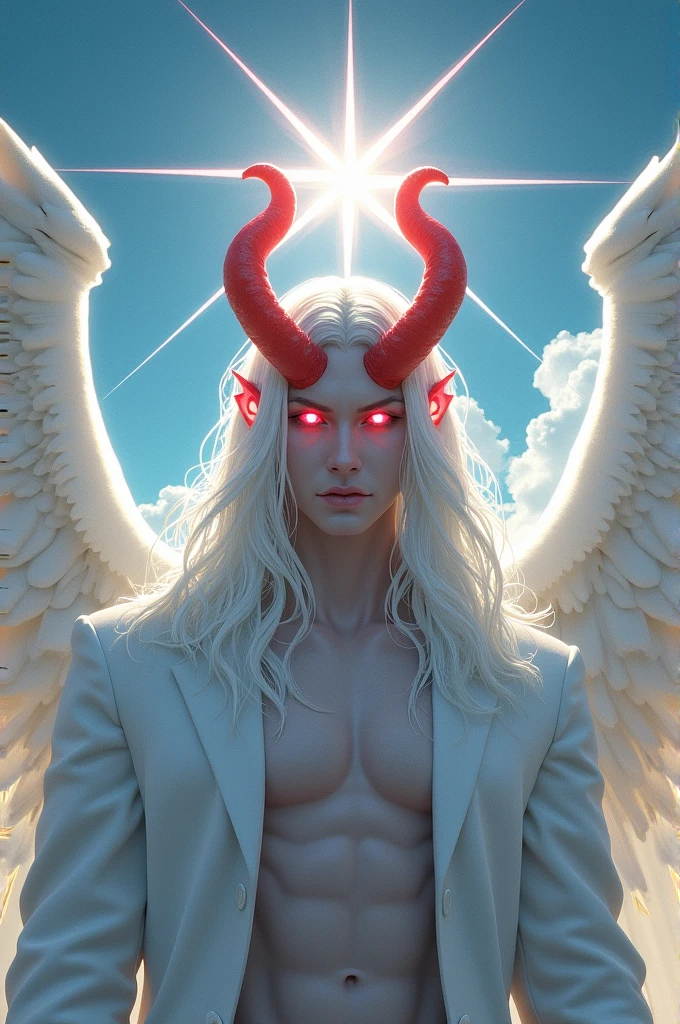Irdrasses Samael with purest white hair and purest Luminous red eyes and hia true form is described as having two pure large Crimson horns on his forehead, a grey-red star halo on his head, and six Magnificent Purest white wings on his back.