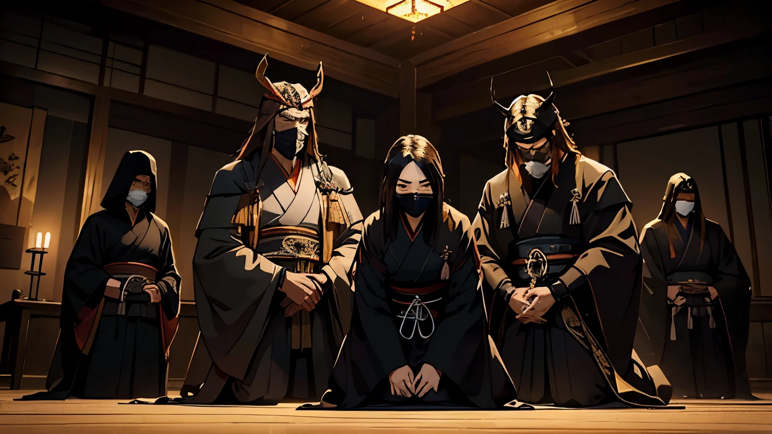 A stealthy and mysterious scene of a Japanese lord (Takeda Shingen) surrounded by shadowy figures—ninjas dressed in dark, traditional attire. The lord is seated in a dimly lit room, with a detailed map of enemy territories on a low wooden table. The ninjas are kneeling, listening intently, with their faces partially covered. The atmosphere is tense and secretive, with dark tones and flickering candlelight casting long shadows.