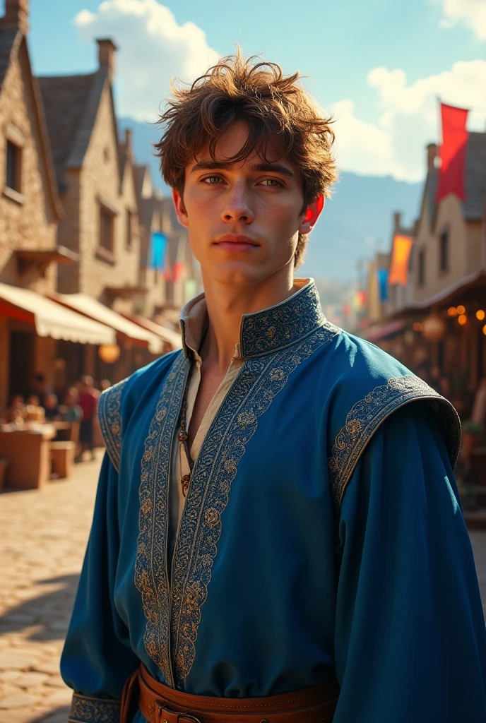 Young man with brown hair wearing medieval blue