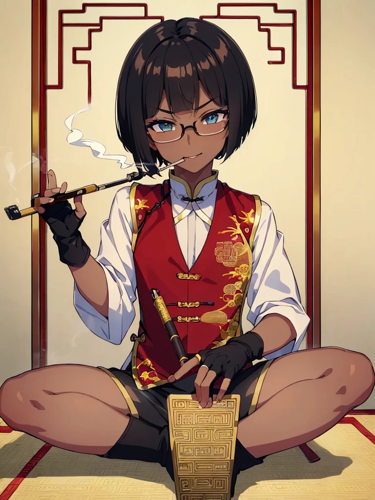  (masterpiece:1.2), highest quality, High resolution, unity 8k wallpaper, (fine and beautiful eyes:1.6), highly detailed face, perfect lighting, Detailed CG, (perfect hands, perfect anatomy:1.3), (1 femmale:1.4), (20 years old femmale:1.4),( black hair:1.3), (evil smile:1.3), detailed eyes, best quality,( dark skin:1.8),(blunt bangs:1.3), open mouth, (very short hair:1.4),(fingerless gloves:1.5), (half closed eyes:1.2),(chinese shirt:1.6),boots,(flat chest),sittng,(bike shorts), (chinese vest:1.3),(glasses),(mouth in Smoking pipes:1.3),(Folding fan)