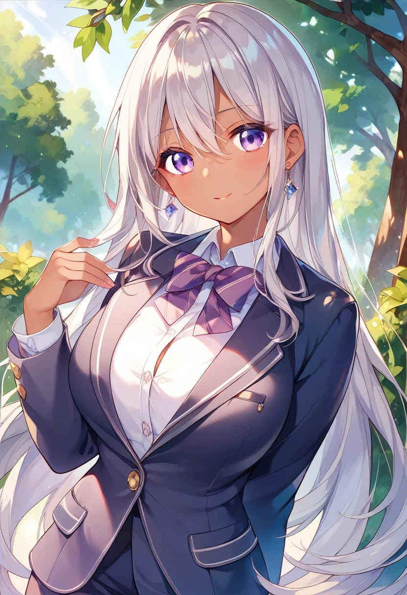 Bright feeling、Grey Hair、long、Purple Eyes、Dark skin、Breast size is medium、Beautiful eyes、Walking in the park、A kind smile、Beautiful eyelashes、beautiful girl、Wearing a blazer、A beautiful high school girl that everyone turns to look at.