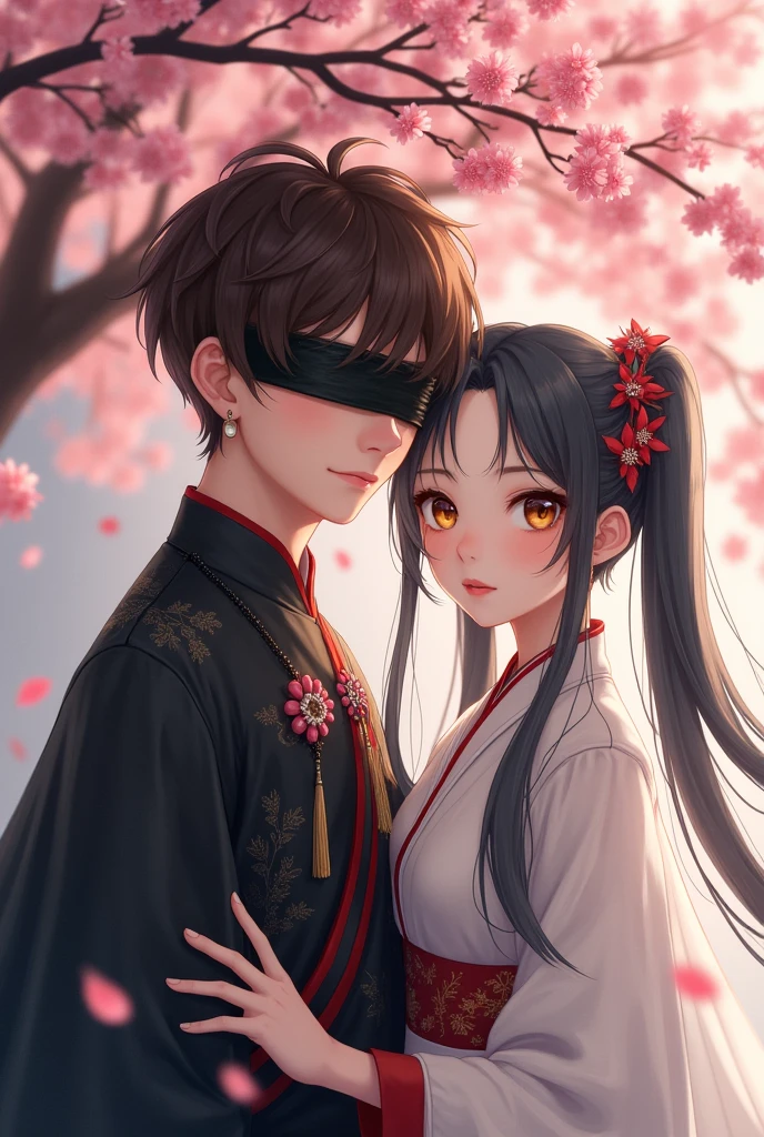 A man wearing a black blindfold, covering one eye, short brown hair, center-parted, brown eyes, wearing a Chinese dress, Chinese earrings, and a woman with long hair, one side black, one side white, twintails, left eye gray, right eye yellow, wearing a white cheongsam, both of them are agers, under the cherry tree.