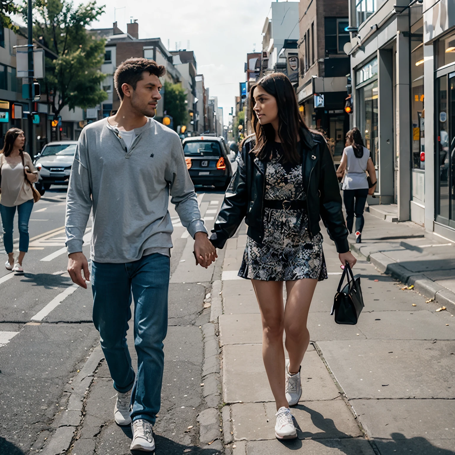 A man and a woman walking hand-in-hand down a busy street.