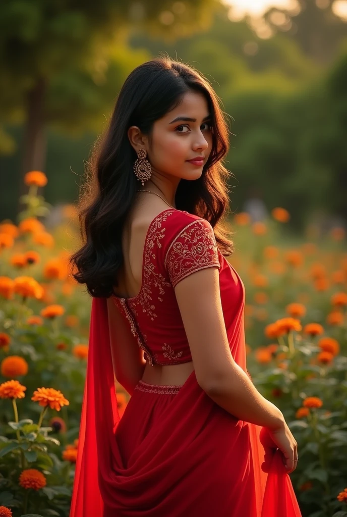 A bengali young lady wearing a red peticote and a red blouse. Her boobs are shown through the blouse.
