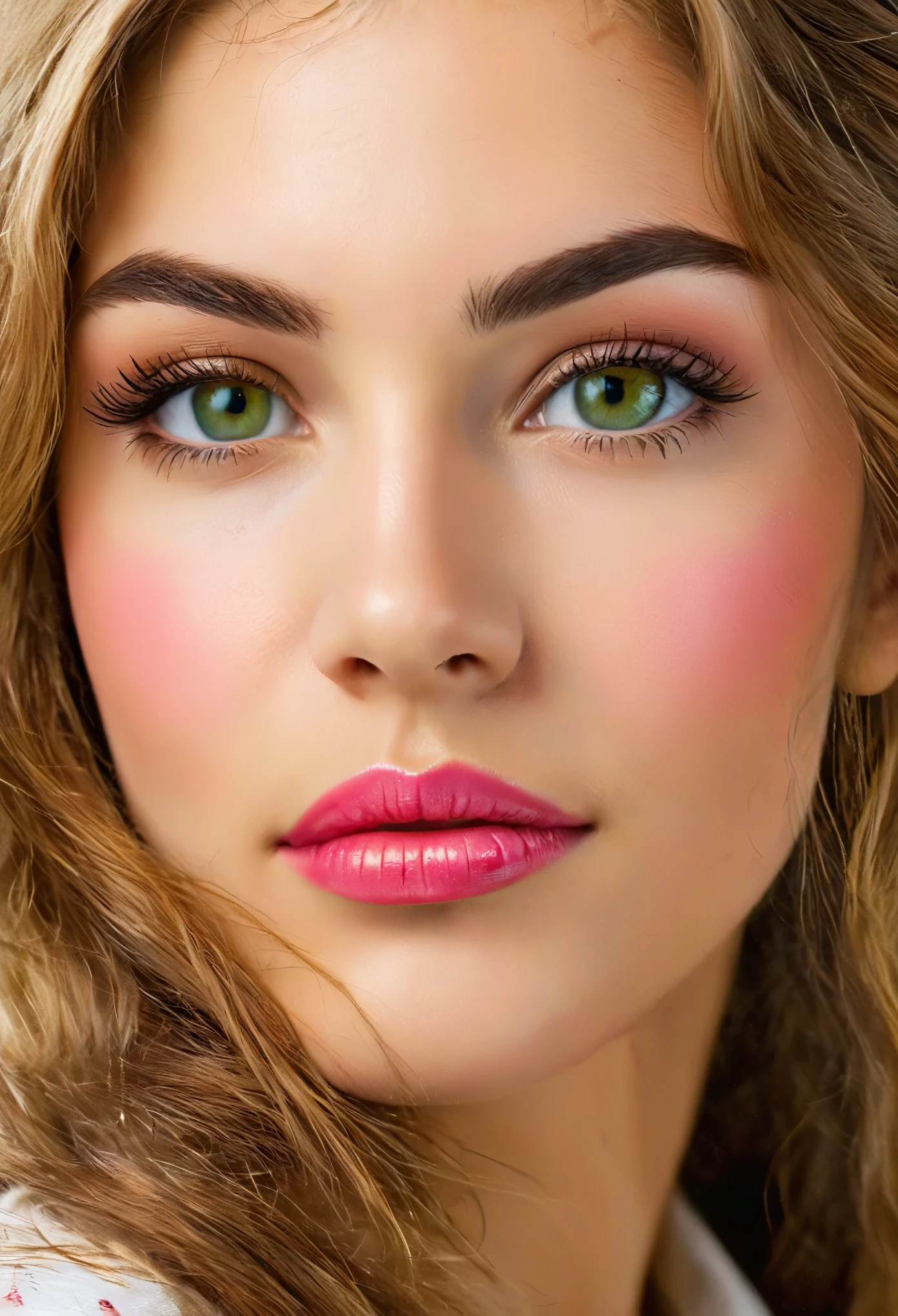 Photo of Ukrainian woman. Fits your face. Age 25, Sharp jaw, RAW Photos, masterpiece, Highly detailed photos, Digital SLR, Photorealistic 3.9, Ultra-high resolution, Highest quality, Pink Lips, Perfect Makeup, big, Bright green eyes, white