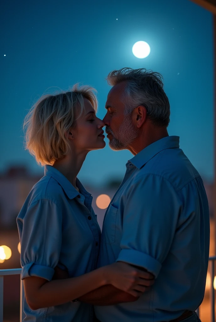 ((best quality)), ((masterpiece)), (detailed), 1 blonde girl with short hair on a balcony, it is night, only the upper part of her body is visible, ((blue shirt)), she looks to her right, there is an old man next to her that wants to kiss her