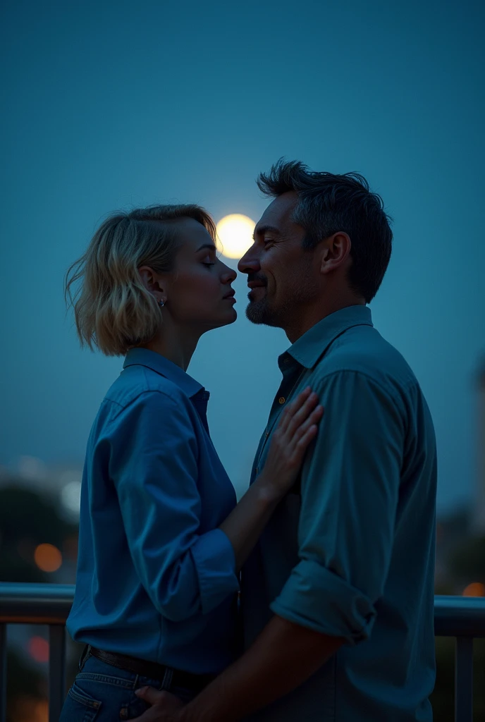 ((best quality)), ((masterpiece)), (detailed), 1 blonde girl with short hair on a balcony, it is night, only the upper part of her body is visible, ((blue shirt)), she looks to her right, there is an old man next to her that wants to kiss her