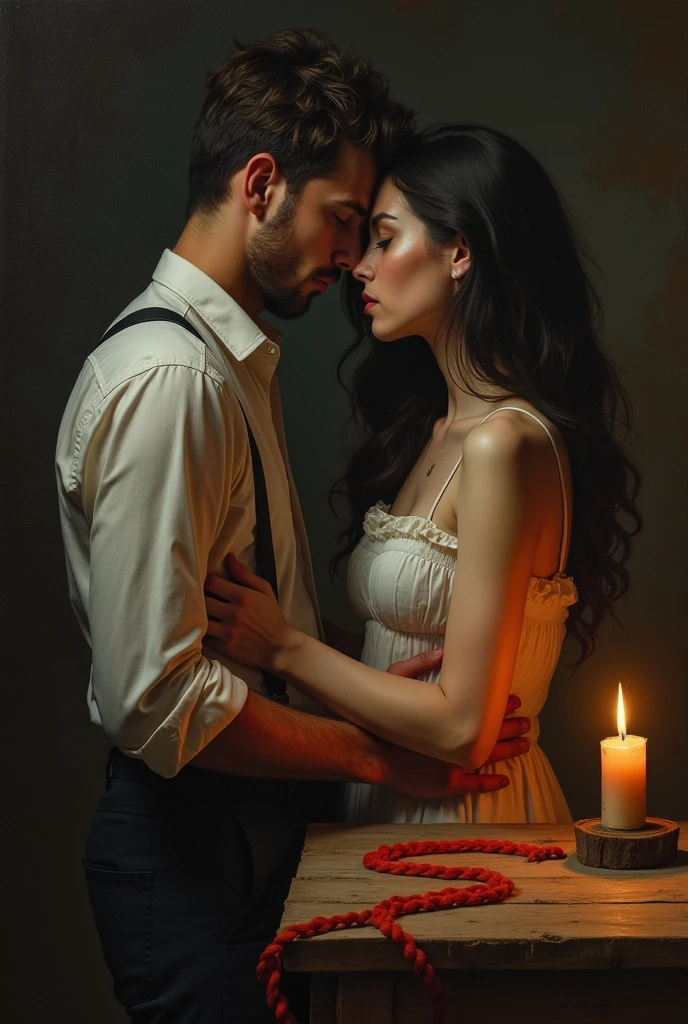 A painting. man and woman looking sad and tired connected with red string. Twin flames. Man is looking away and trying to let her go in the background a table with candle on it